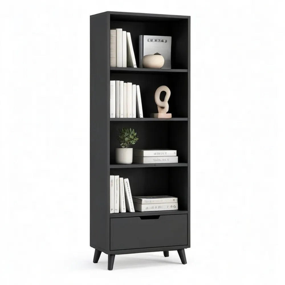 Regał, Zakładka 80 x 35 x 190 cm MDF czarny z szufladą i otwartych przegródek