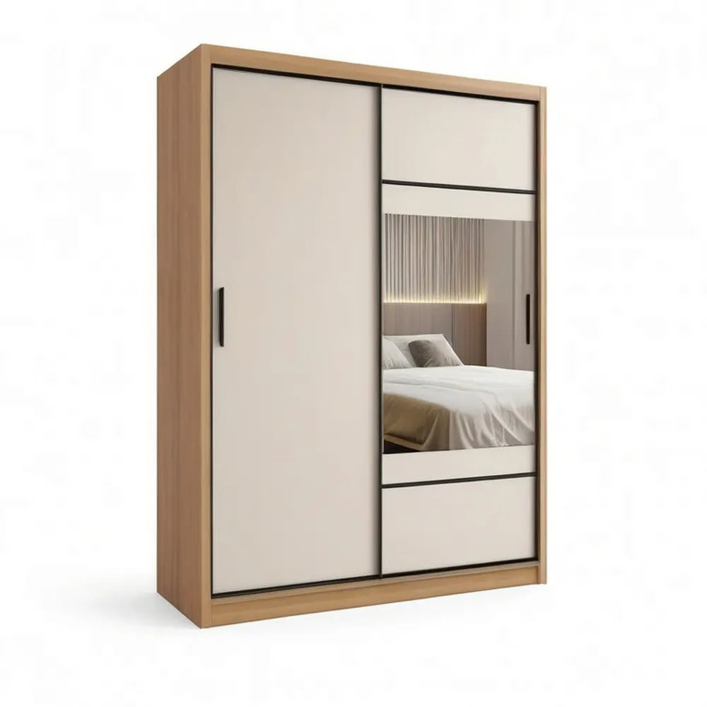 Szafa 200 x 60 x 200 cm beż z drzwiami przesuwnymi i lusterkami w dębowej optyce