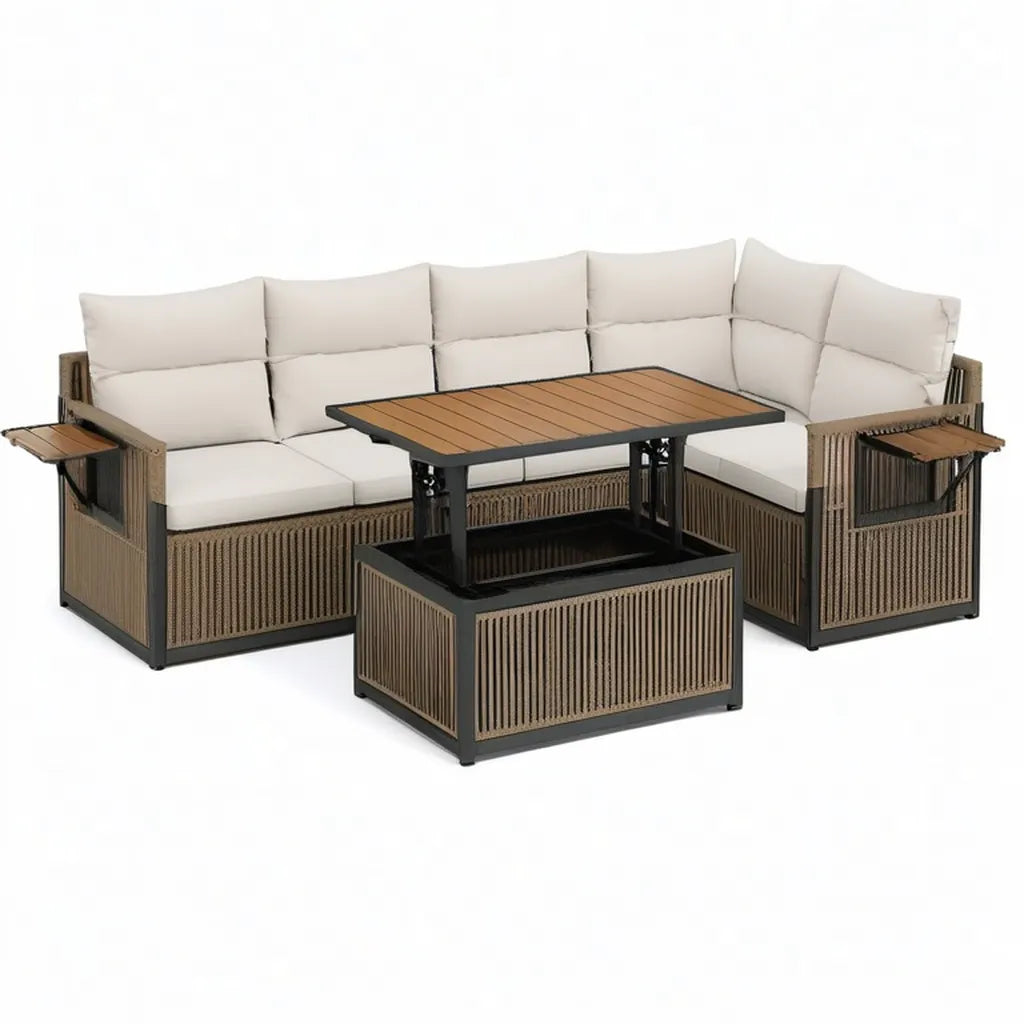 Sofa ogrodowa, 5-osobowy salon ogrodowy z regulacją wysokości, z możliwością regulacji stołem Aluminium PE- rattan beige 250 x 250 cm