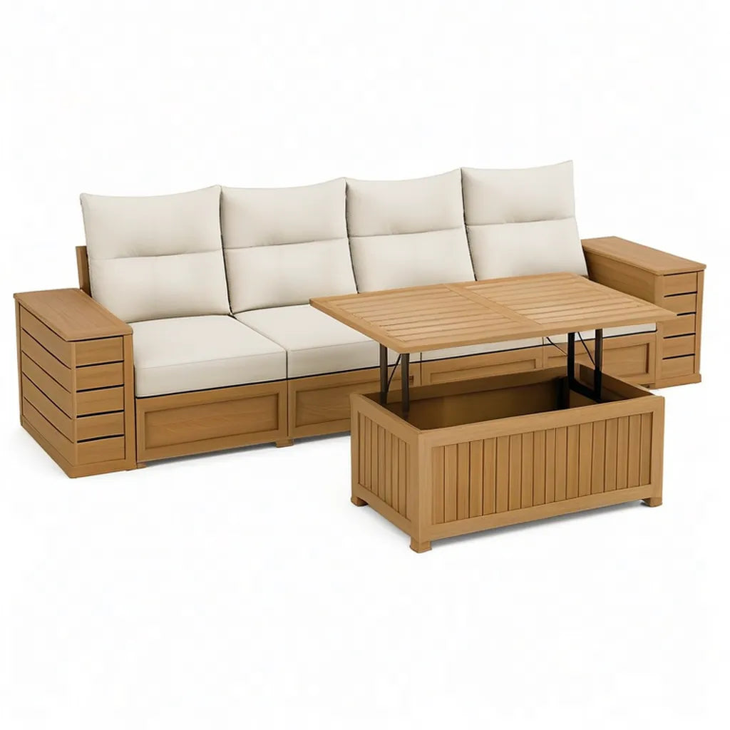Sofa ogrodowa, Zestaw do siedzenia 3-osobowej sofy ogrodowej z litego drewna acacia z podnośnikiem Beige 238 x 75 x 80 cm