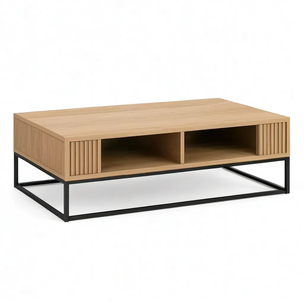 Stolik kawowy, Prostokątny stół do kawy 100 x 60 x 40 cm w dębie fornirowanym MDF z otwartymi półkami i konstrukcją ze stali czarnej