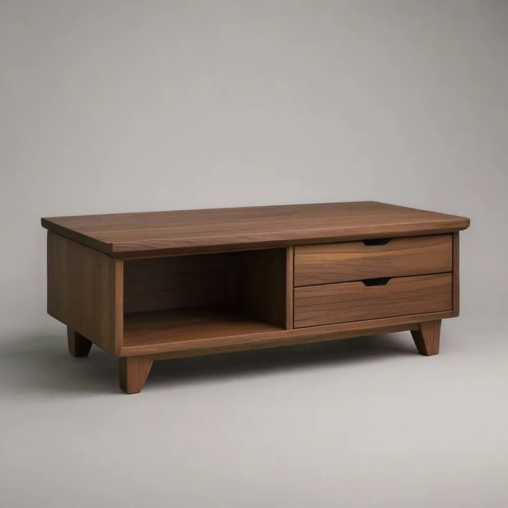 Stolik kawowy, Prostokątny stolik do kawy 120 x 60 x 45 cm efekt MDF z szufladami i otwartym przedziałem