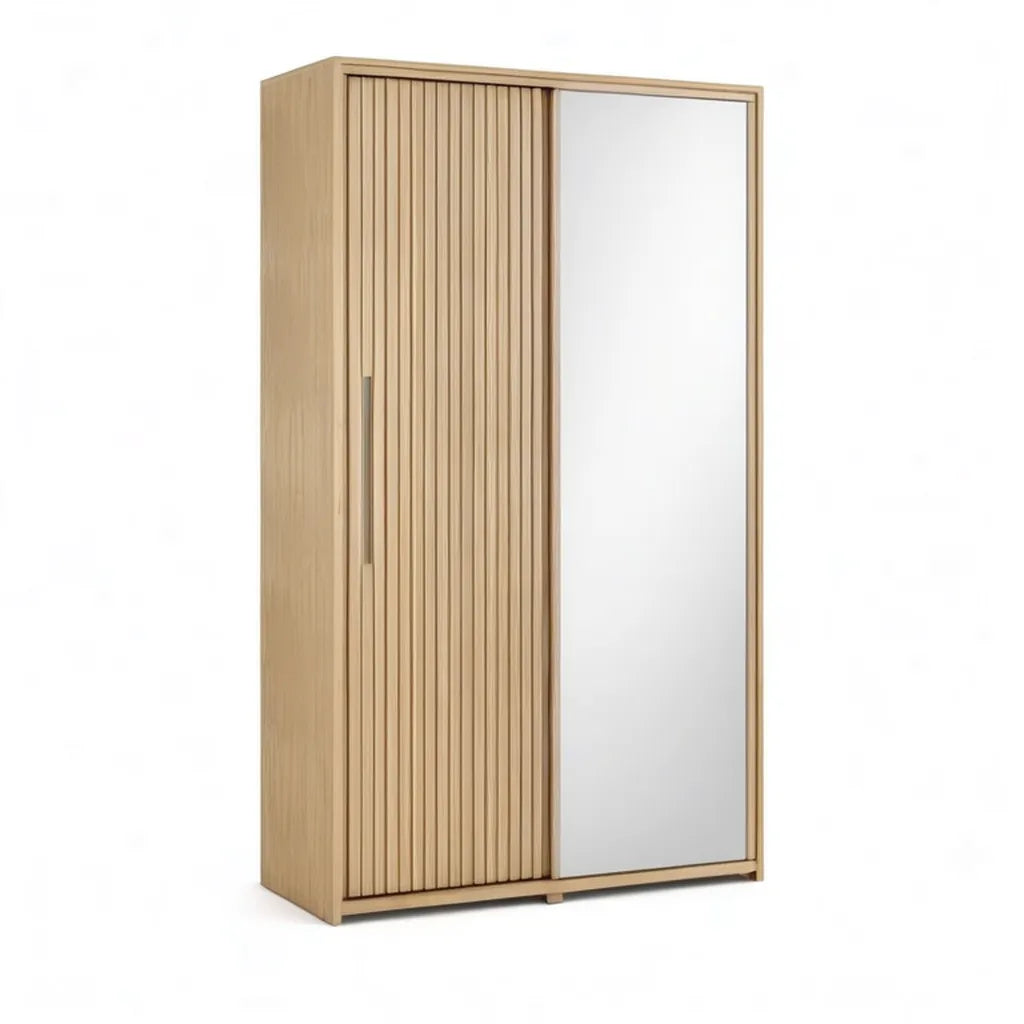 Szafa, Przesuwana szafka drzwi z lustrem 100 x 60 x 200 cm MDF fornir drewniany z drewna dębowego prostokątna naturalna