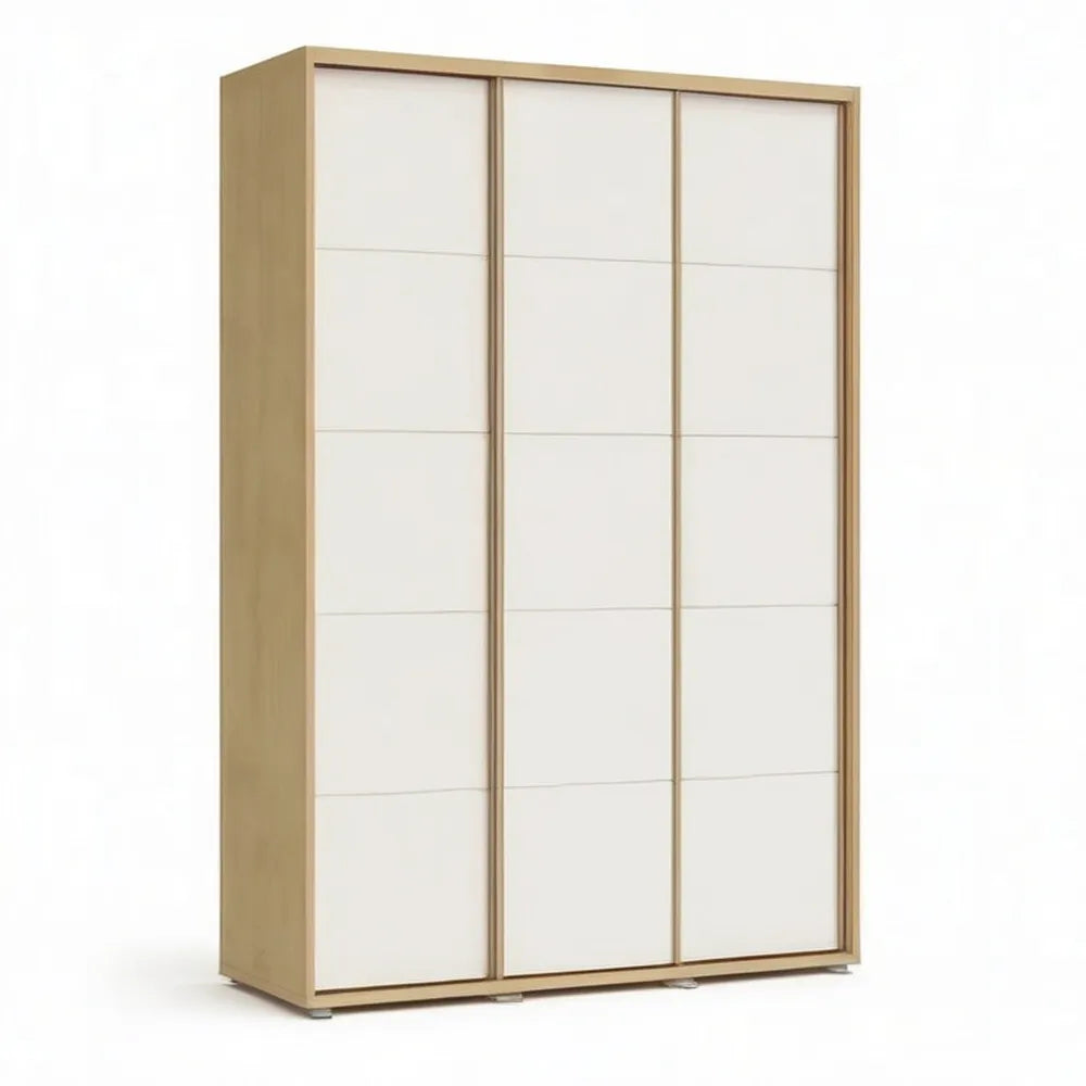 Szafa 180x60x200 cm z 3 drzwiami przesuwnymi Optyka drewna Naturalne drewno beżowe krem biały