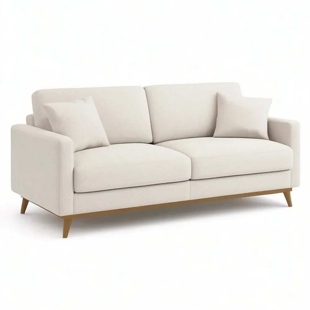 Sofa 220 x 90 x 85 cm z tapicerką poliestrową beżową, drewnianymi nogami i poduszkami