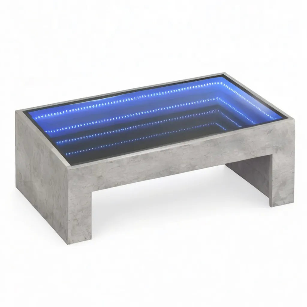 Stolik kawowy, Prostokątny stolik kawowy z efektem nieskończoności LED niebieski w cementowym efektu MDF i hartowane szkło 100 x 60 x 45 cm