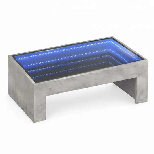 Stolik kawowy, Prostokątny stolik kawowy z efektem nieskończoności LED niebieski w cementowym efektu MDF i hartowane szkło 100 x 60 x 45 cm