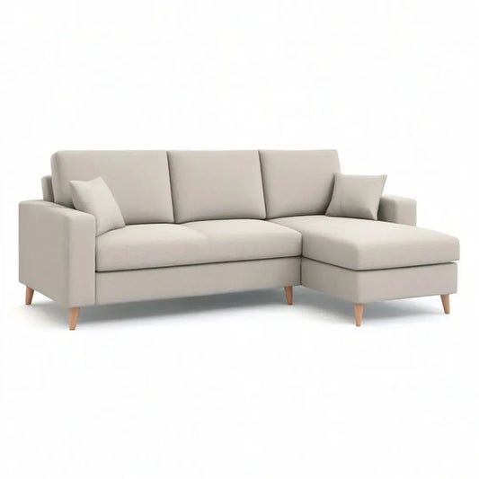 Sofa, Kanapa narożna 260 x 160 x 85 cm z tapicerką poliestrową na beżowych i drewnianych stopach
