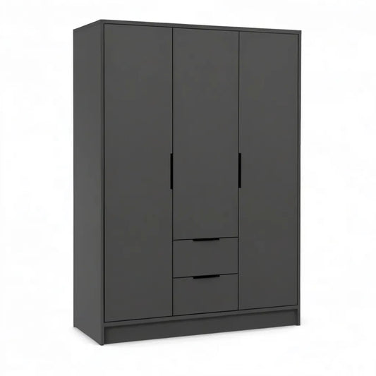 Szafa 3-drzwiowa z 2 szufladami w prostokątnym, szarym, melaminowym panelu antracytowym 120 x 52 x 190 cm