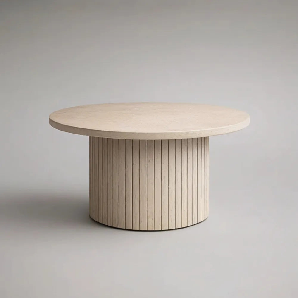 Stolik kawowy, Okrągły stolik kawowy 90 x 90 x 35 cm w żywicy efekt lekki beżowy kamień z cylindryczną podstawą