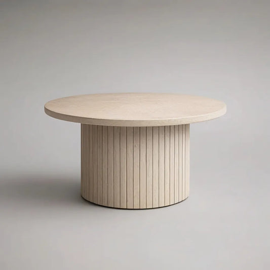 Stolik kawowy, Okrągły stolik kawowy 90 x 90 x 35 cm w żywicy efekt lekki beżowy kamień z cylindryczną podstawą