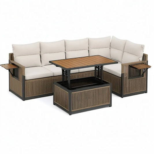 Sofa ogrodowa, 5-osobowy salon ogrodowy z regulacją wysokości, z możliwością regulacji stołem Aluminium PE- rattan beige 250 x 250 cm