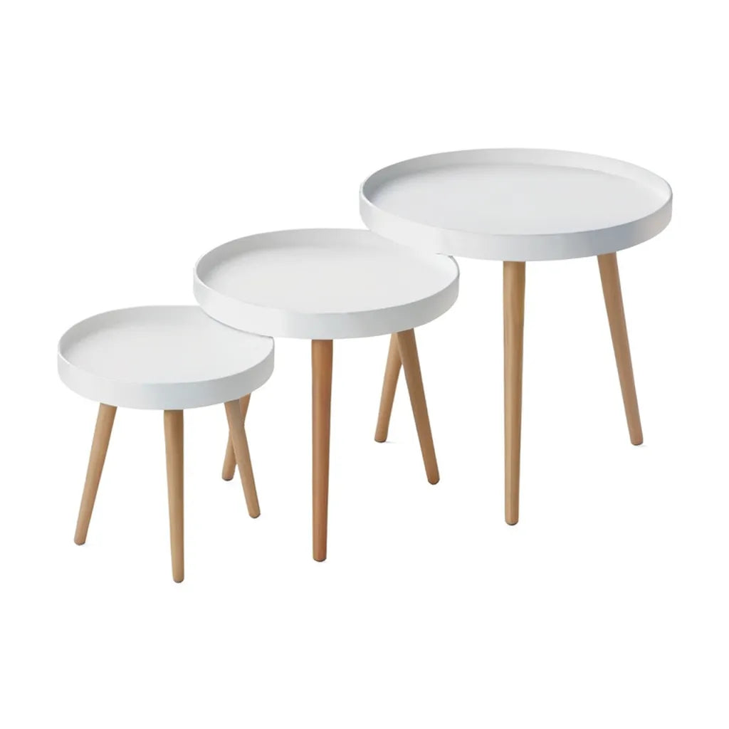 Stolik kawowy, Zestaw 3 okrągłych stołów kawowych w MDF i naturalny bambus Ø 40 50 60 cm
