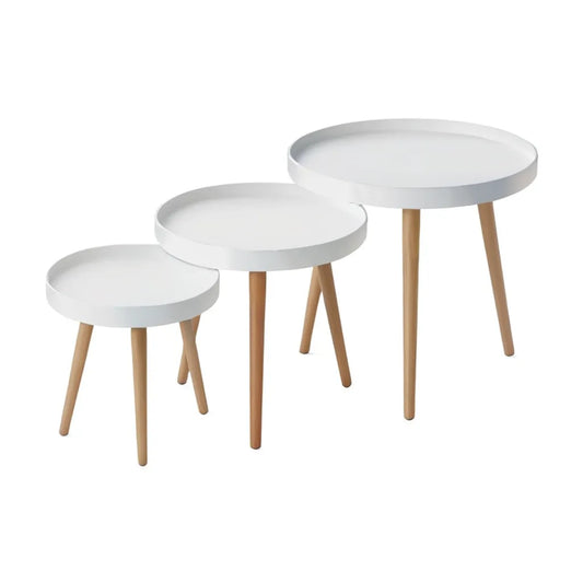 Stolik kawowy, Zestaw 3 okrągłych stołów kawowych w MDF i naturalny bambus Ø 40 50 60 cm