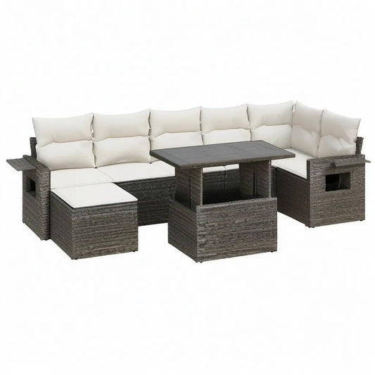 Sofa ogrodowa, 7- częściowy salon ogrodowy Zestaw Polirattan Szara śmietanka z jadalnym stołem 70 x 70 cm