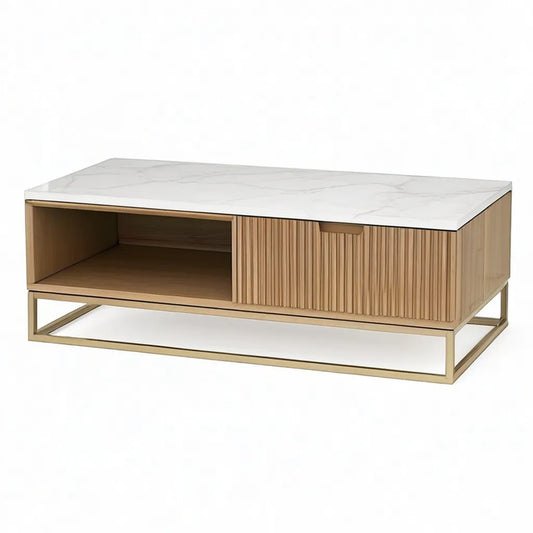 Stolik kawowy, Stół do kawy 120 x 60 x 40 cm z powierzchnią magazynową MDF Walnut Veneer płyta ceramiczna Marmur optyka prostokątny brązowy biały
