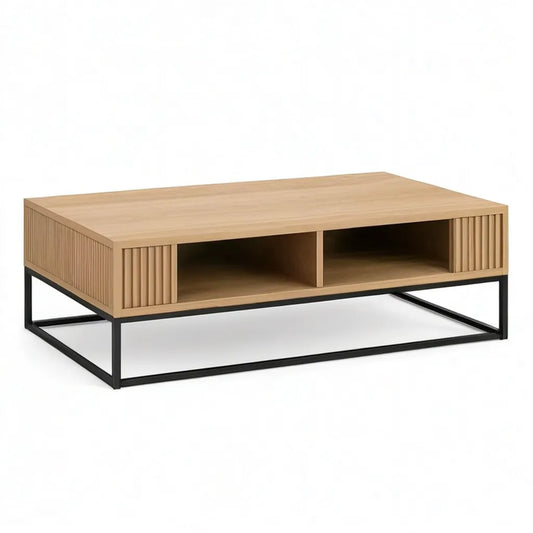 Stolik kawowy, Prostokątny stół do kawy 100 x 60 x 40 cm w dębie fornirowanym MDF z otwartymi półkami i konstrukcją ze stali czarnej