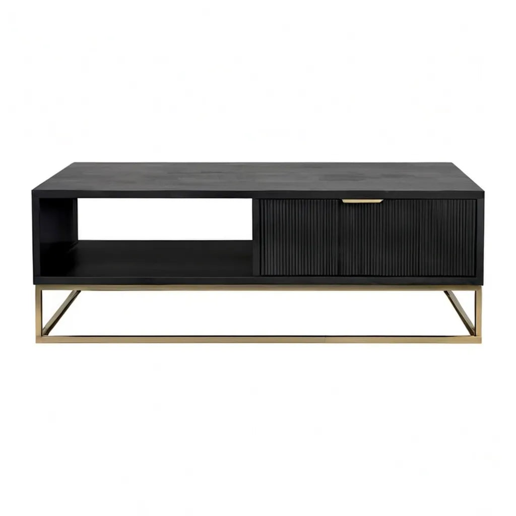 Stolik kawowy, Prostokątny stolik kawowy z przegrodą dzienną i drzwiami przesuwnymi 120 x 40 x 45 cm w kolorze czarnym MDF i złotem ze stali nierdzewnej