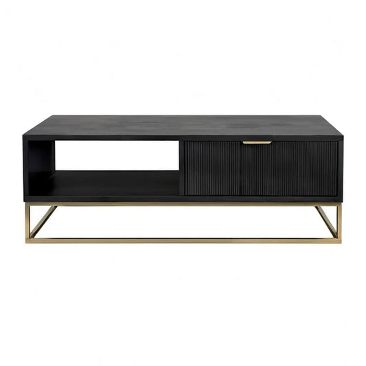 Stolik kawowy, Prostokątny stolik kawowy z przegrodą dzienną i drzwiami przesuwnymi 120 x 40 x 45 cm w kolorze czarnym MDF i złotem ze stali nierdzewnej