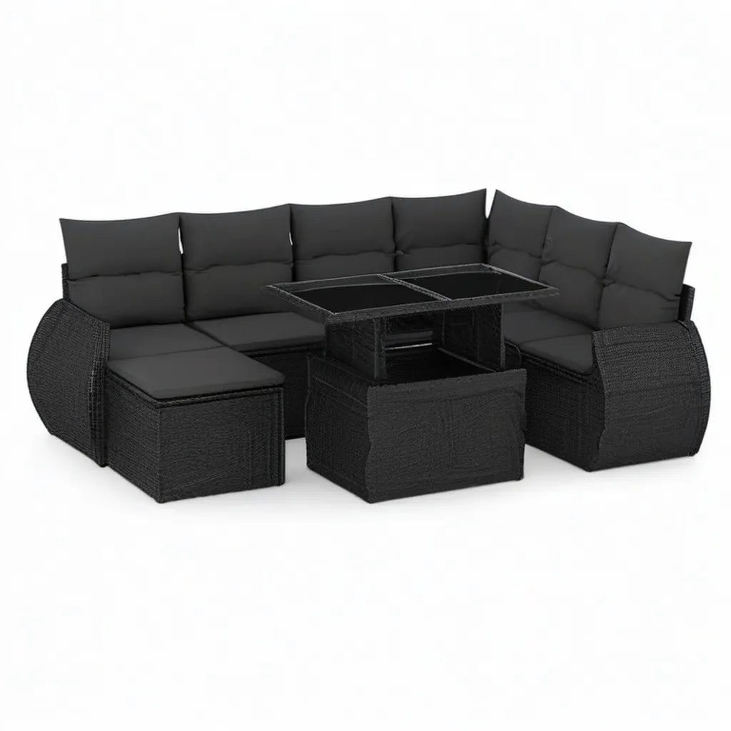 Sofa ogrodowa, 8- częściowy salon ogrodowy w kształcie litery L wykonany z rattanu PE czarny z tabeli 110 x 60 x 65 cm