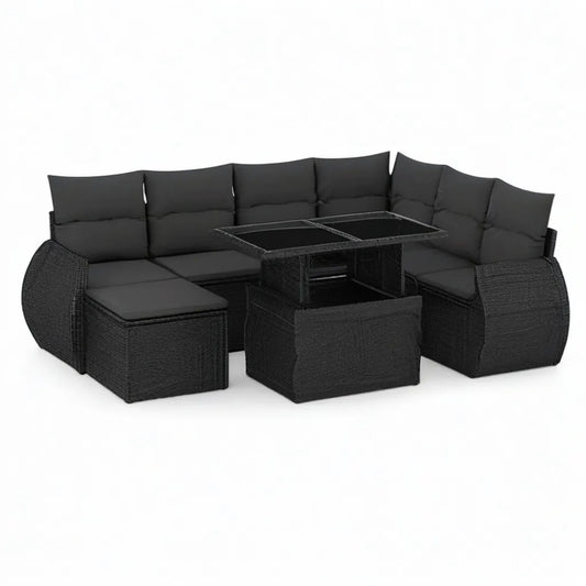 Sofa ogrodowa, 8- częściowy salon ogrodowy w kształcie litery L wykonany z rattanu PE czarny z tabeli 110 x 60 x 65 cm