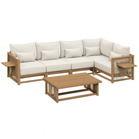 Sofa ogrodowa, Zestaw do siedzenia ogrodowego 4- osobowy z stolikiem do kawy Acacia lite drewno kształt litery L kremu przyroda 286 x 210 x 70 cm
