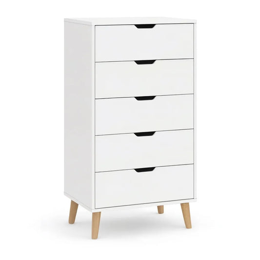 Szafa, 5 szuflad w kolorze białym, prostokątnym MDF z nogami w hewei stałej 60 x 40 x 110 cm
