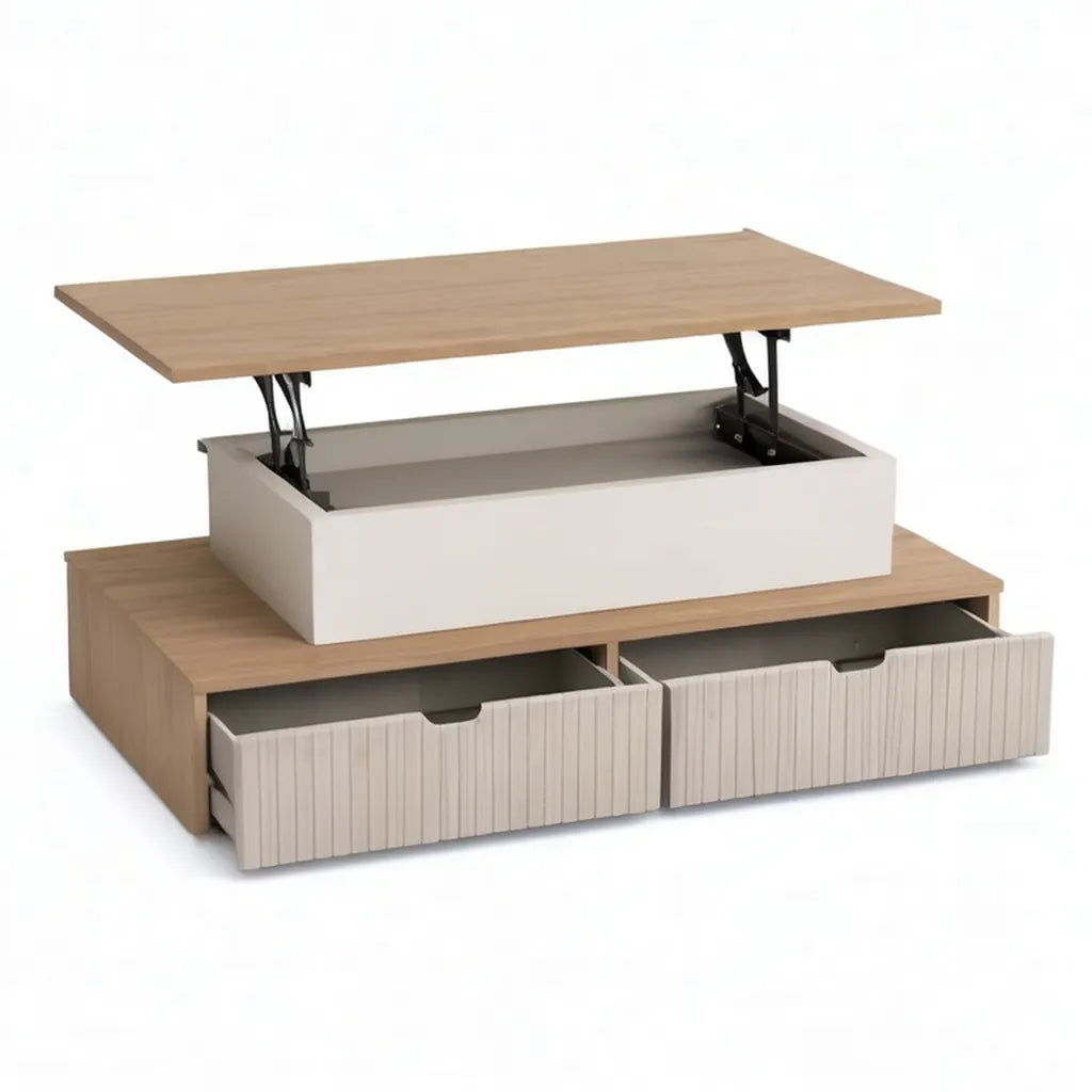 Stolik kawowy, Prostokątny stół do kawy 100 x 50 x 45 cm w naturalnym i białym MDF z 2 szufladami