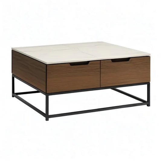 Stolik kawowy, Kwadratowy stolik kawowy z 2 szufladami 80 x 80 x 45 cm MDF efekt biały orzech włoski ceramiczny i czarna stal